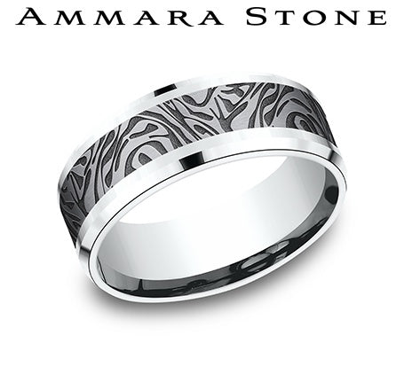 Ammara Stone White Gold and Grey Tantalum Bevel Edge Mokume Center Wedding Band