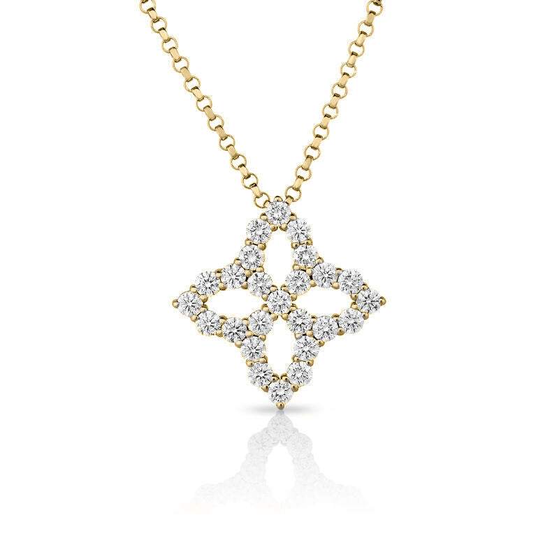 Roberto Coin Yellow Gold Diamond Outline Medium Princess Flower Necklace