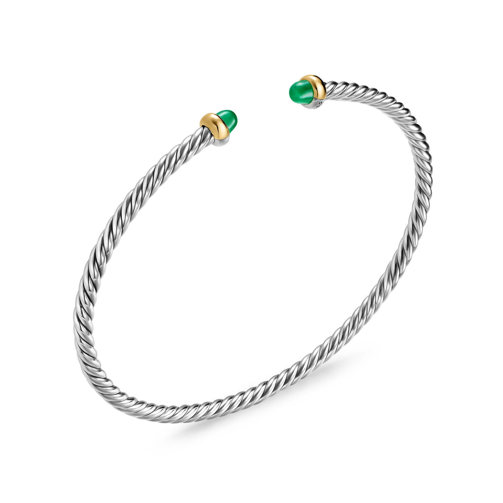 David Yurman Sterling Silver and Yellow Gold 2.6 mm Micro Cable Flex Emerald Bracelet