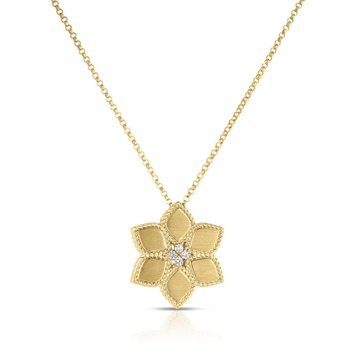 Roberto Coin Yellow Gold Vernazza Diamond Satin Finish Flower Necklace