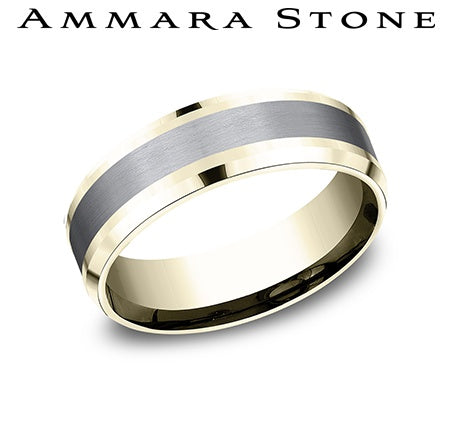 Ammara Stone Yellow Gold and Gray Tantalum Bevel Edge Satin Center Wedding Band