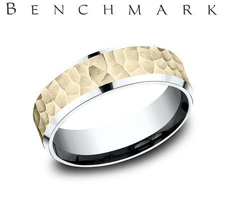 Benchmark White and Yellow Gold Hammer Finish Polished Beveled Edge Wedding Band