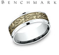 Benchmark White and Yellow Gold Bevel Edge and Vintage Script Wedding Band