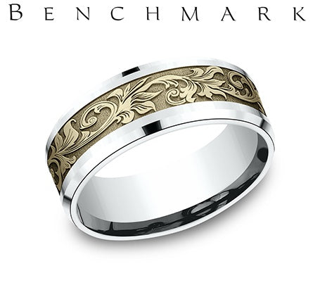 Benchmark White and Yellow Gold Bevel Edge and Vintage Script Wedding Band