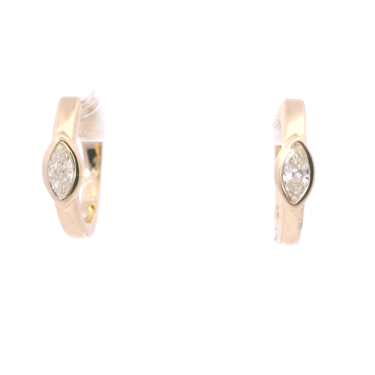 Yellow Gold Bezel Marquise Diamond Thin Huggie Hoops