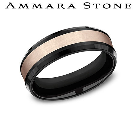 Ammara Stone Rose Gold and Black Titanium Satin Center Brop Devel Edge Wedding Band