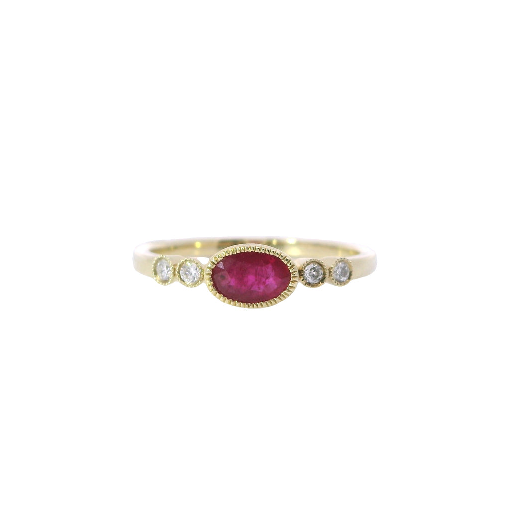 Yellow Gold Milgrain Bezel Ruby and Diamond Fashion Ring