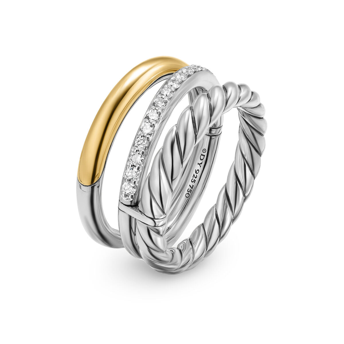 David Yurman Silver and Yellow Gold Mercer 3-Row Diamond Ring
