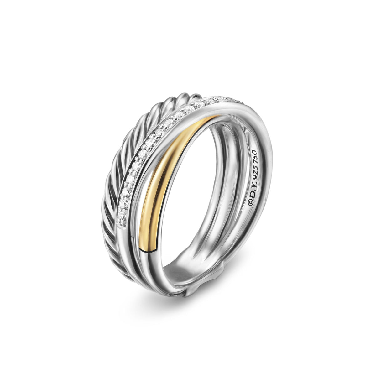 David Yurman Sterling Silver and Yellow Gold Crossover Three Row Ring