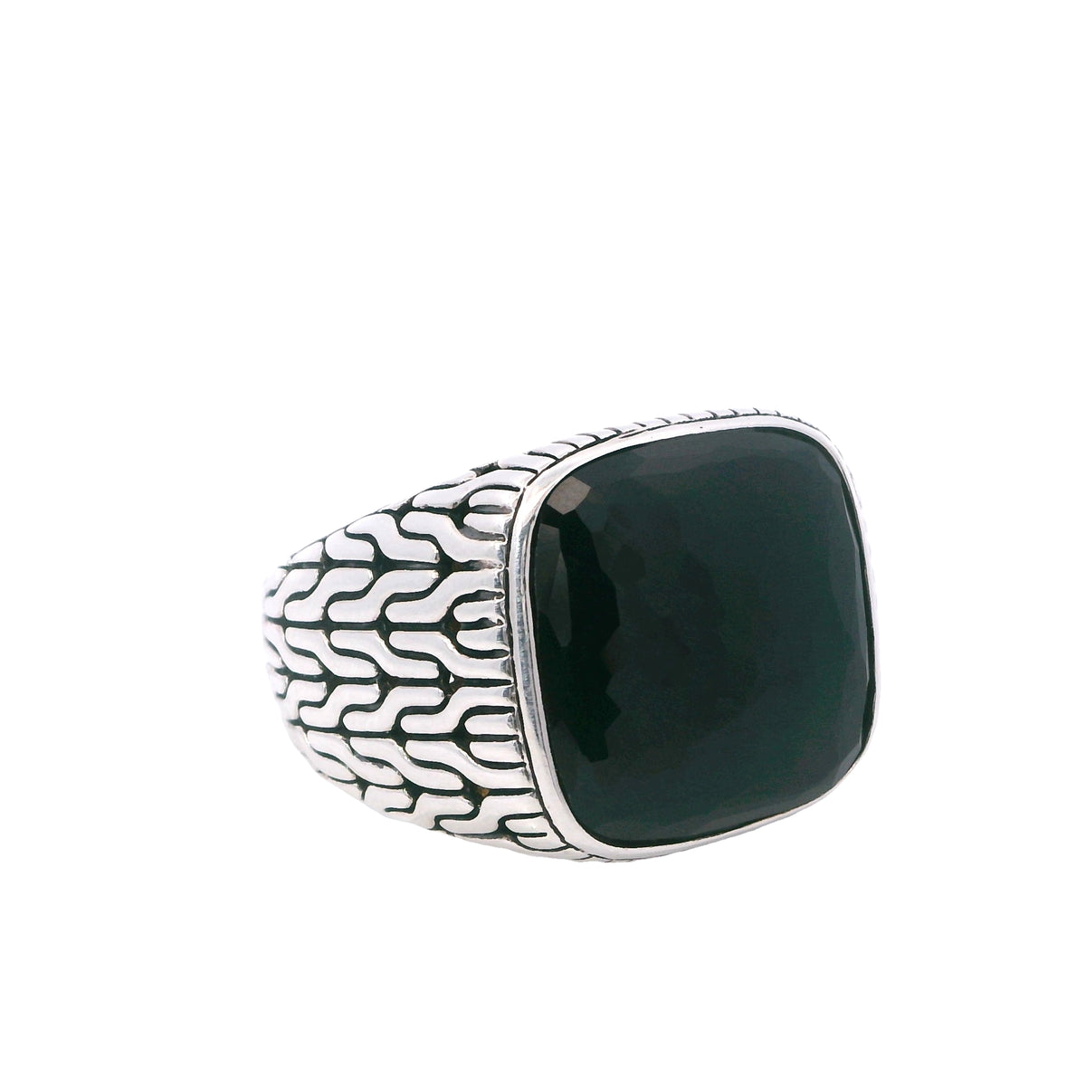Estate John Hardy Sterling Silver Large Engraved Side Black Gemstone Signet Ring