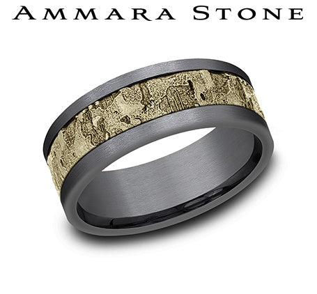 Ammara Stone Yellow Gold and Grey Tantalum Wall Fracture Center Wedding Band