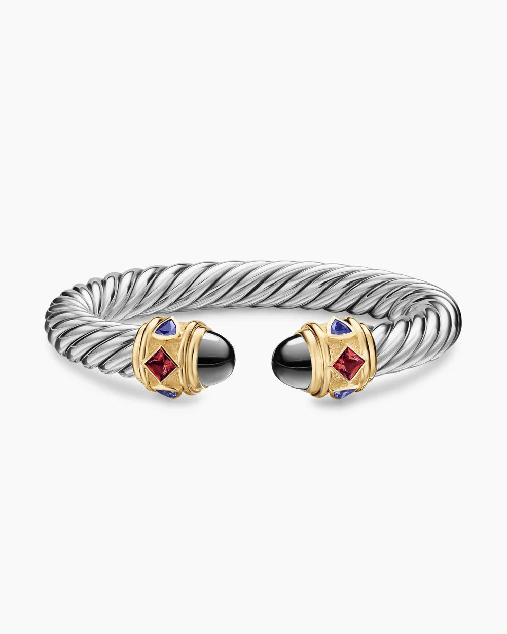 David Yurman Silver and Gold Renaissance Cable Flex Hematine, Rhodolite Garnet and Iolite Bracelet