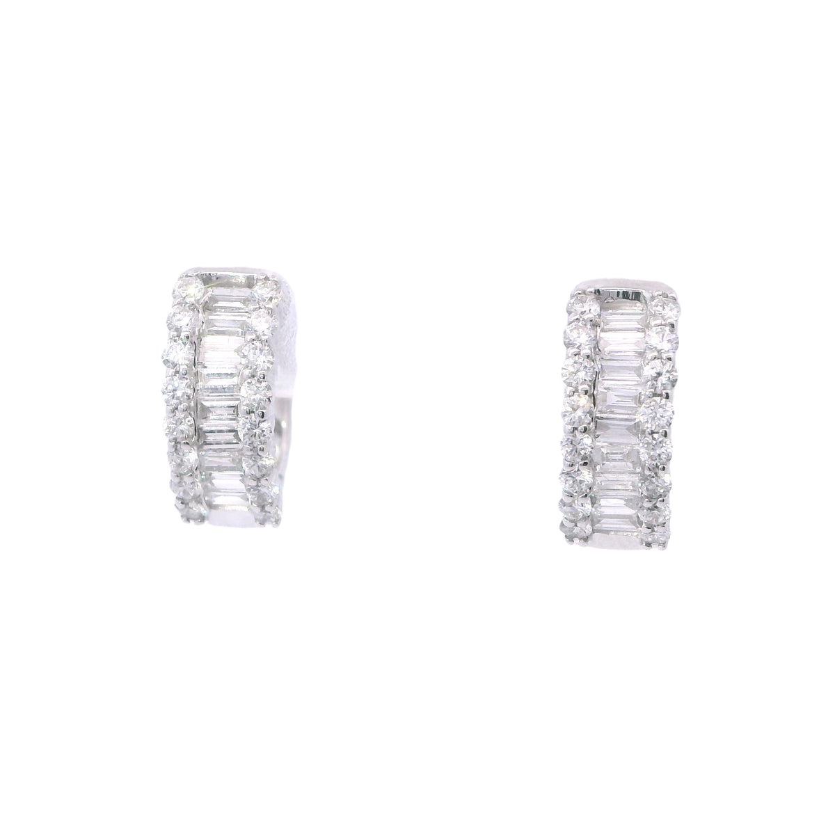 White Gold Baguette and Round Diamond Huggie Hoop Earrings