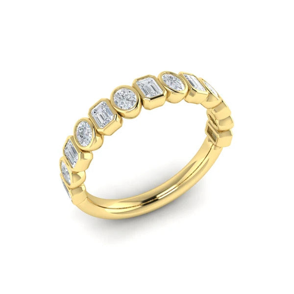 Vlora Yellow Gold Emerald and Oval Diamond Bezel Wedding Band