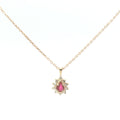 Estate Yellow Gold Ruby Diamond Halo Pendant Necklace