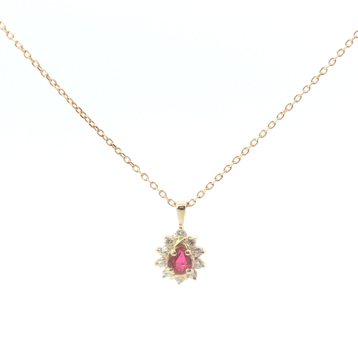 Estate Yellow Gold Ruby Diamond Halo Pendant Necklace
