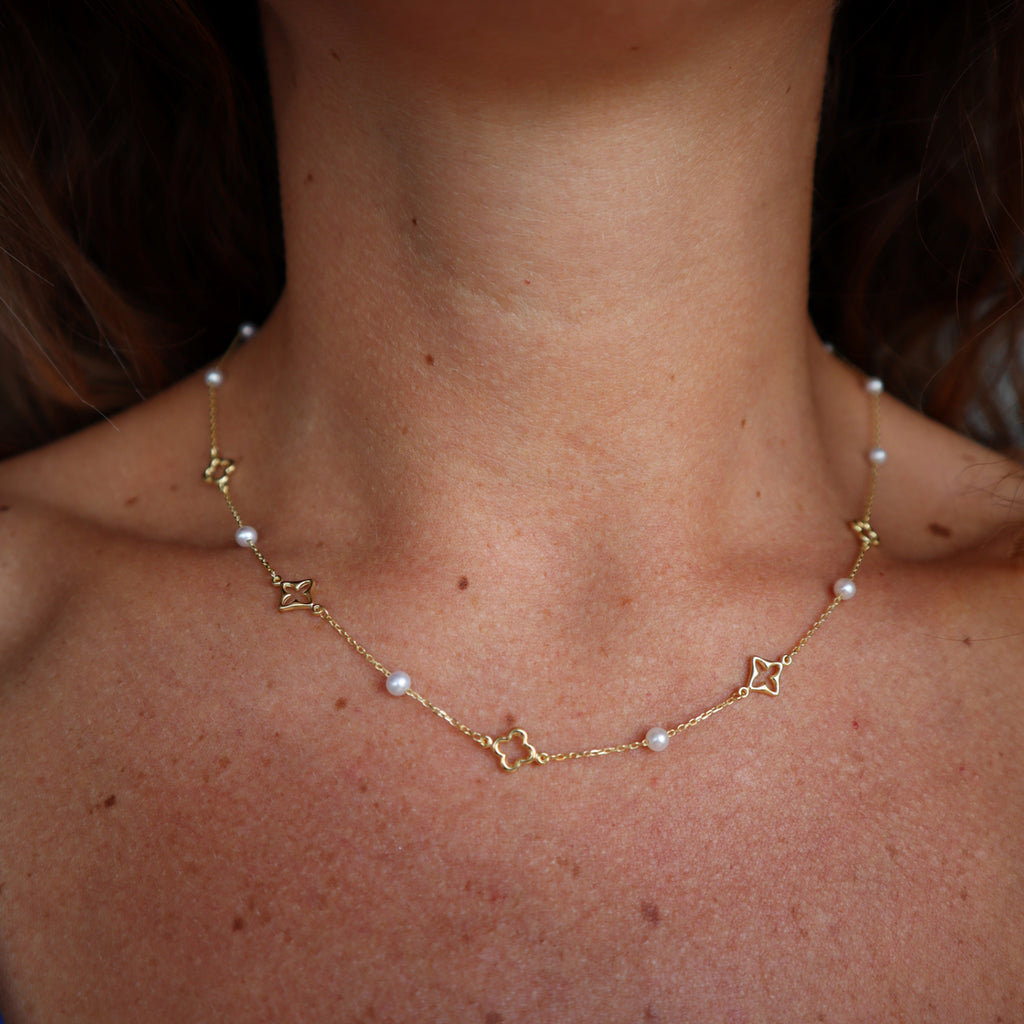 Yellow Gold-Plated Sterling Silver Quatrefoil and Pearl Station Necklace