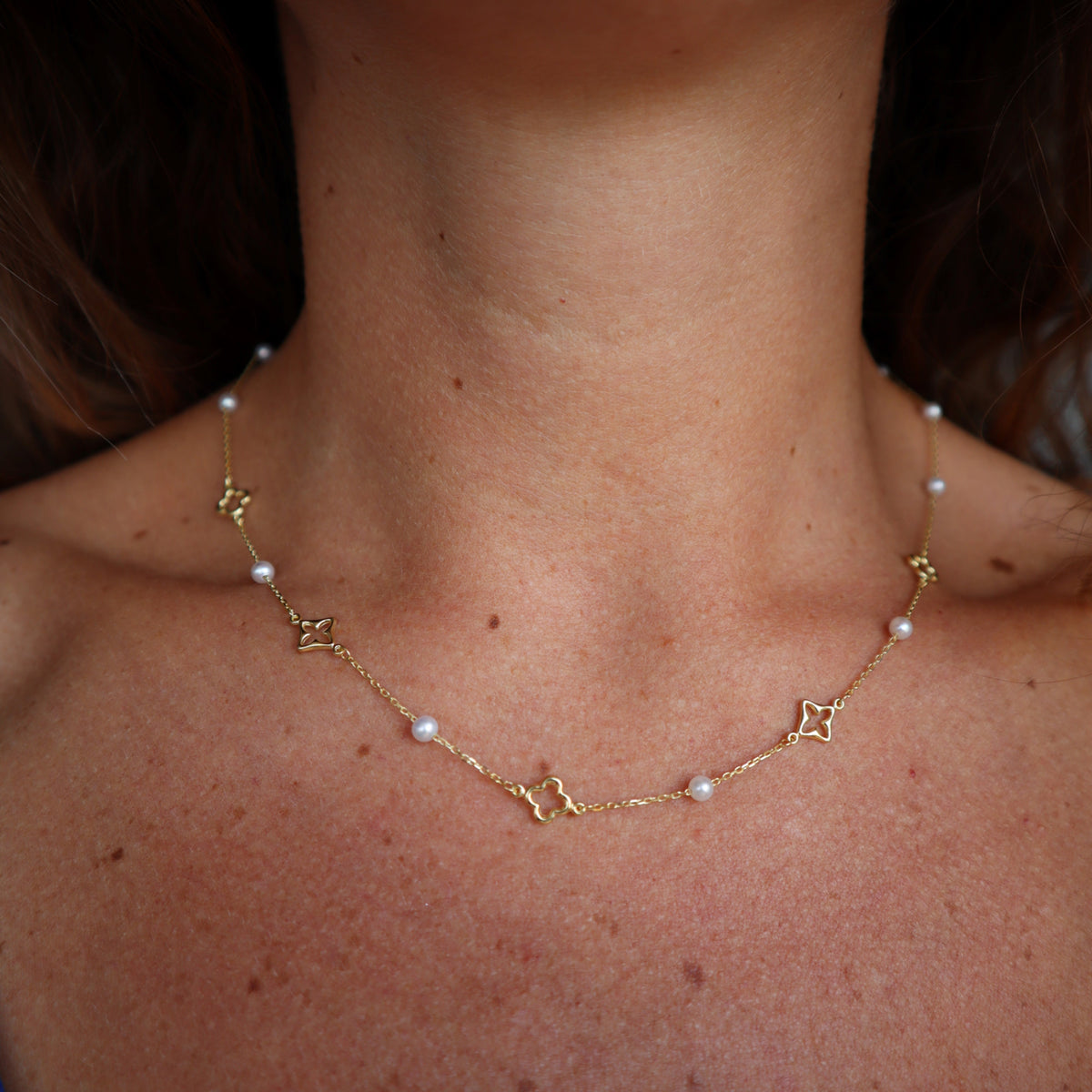Yellow Gold-Plated Sterling Silver Quatrefoil and Pearl Station Necklace