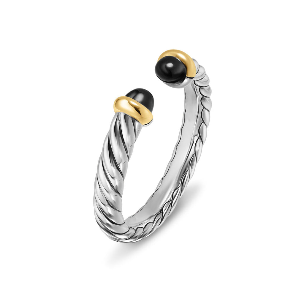 David Yurman Sterling Silver and Yellow Gold Petite Cable Black Onyx Open Ring