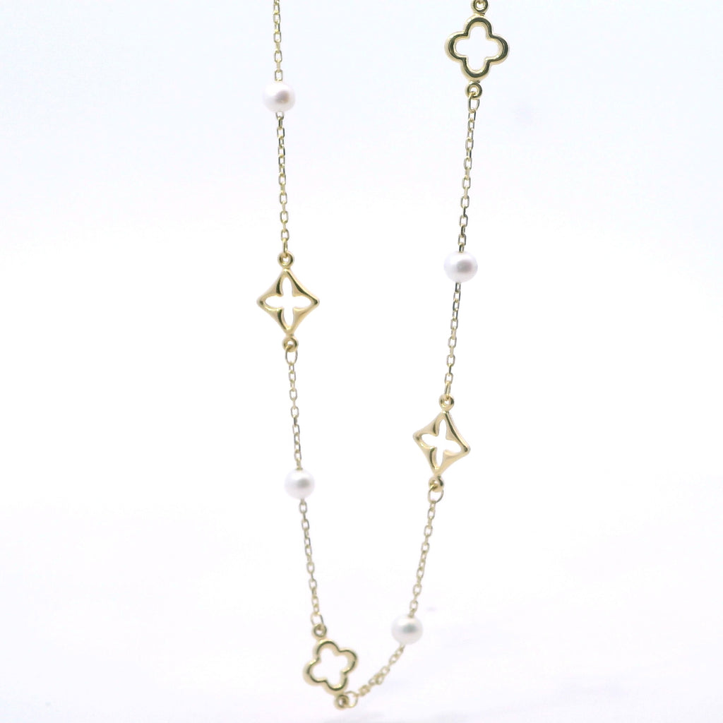 Yellow Gold-Plated Sterling Silver Quatrefoil and Pearl Station Necklace