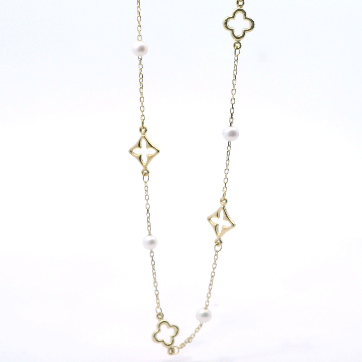 Yellow Gold-Plated Sterling Silver Quatrefoil and Pearl Station Necklace