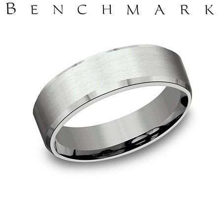 Benchmark 14 Karat White Gold 6.5 mm Satin Finish and Slight Beveled Edge Wedding Band Size 10