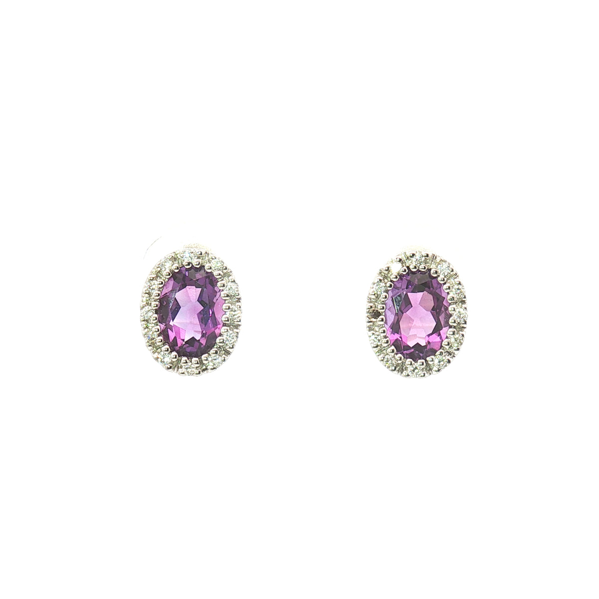 Estate White Gold Oval Amethyst and Diamond Halo Stud Earrings