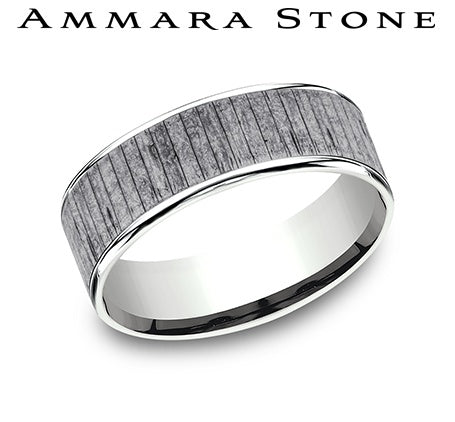 Ammara Stone White Gold and Gray Tantalum Split Wood Grain Center Wedding Band