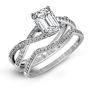 Emerald - cut Criss - cross Engagement Ring & Matching Wedding Band in 18k Gold with Diamonds - Simon G. Jewelry