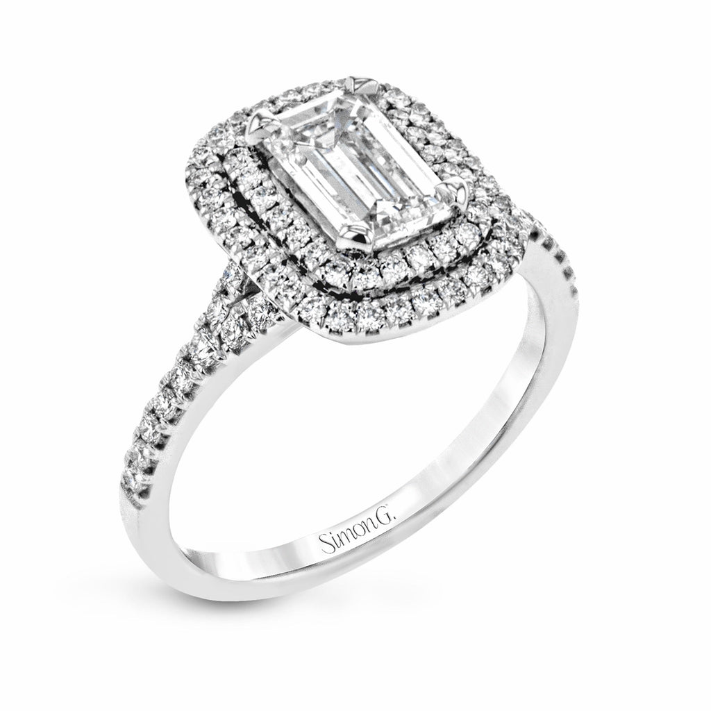 Emerald - Cut Double - Halo Engagement Ring In 18k Gold With Diamonds - Simon G. Jewelry