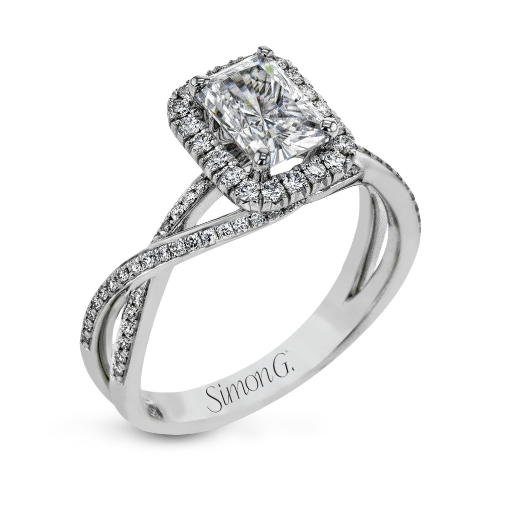 Emerald - Cut Halo Criss - Cross Engagement Ring In 18k Gold With Diamonds - Simon G. Jewelry