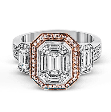 Emerald - cut Halo Engagement Ring in 18k Gold with Diamonds - Simon G. Jewelry