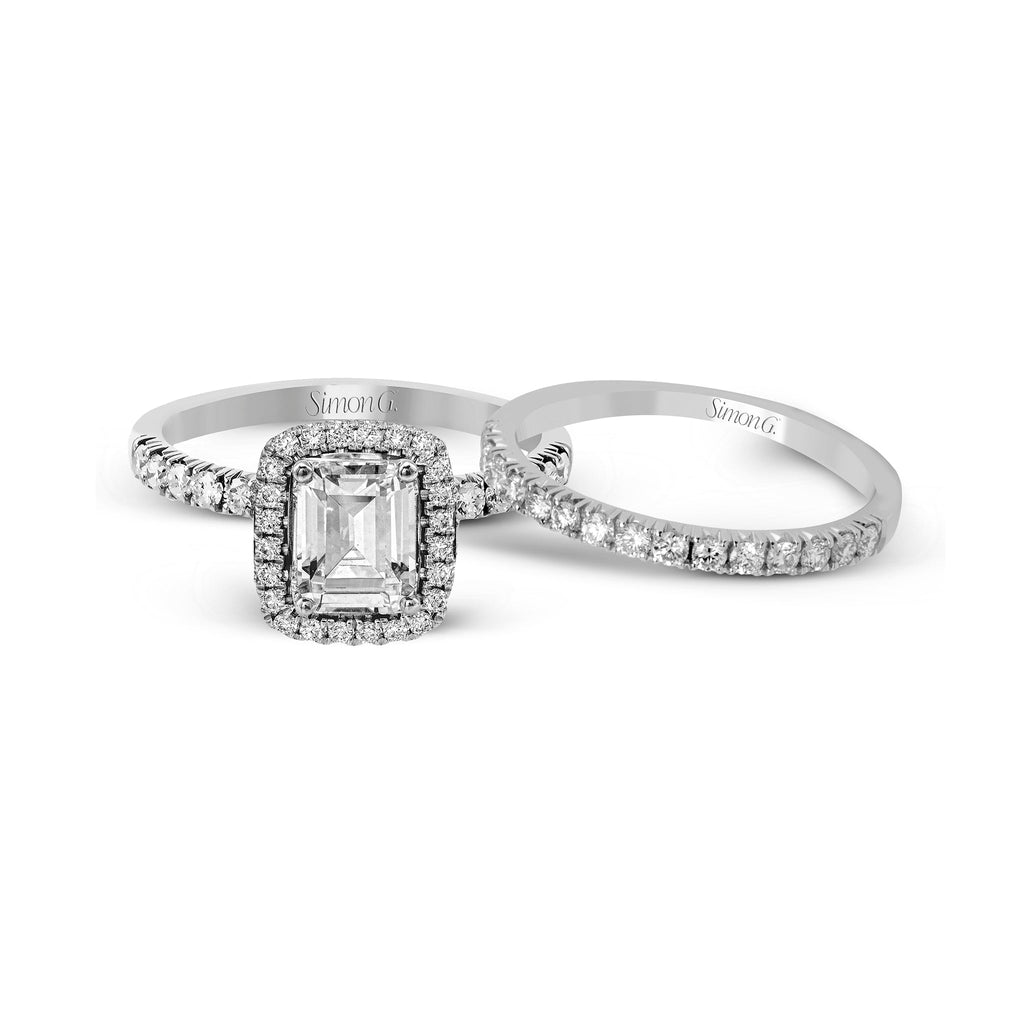 Emerald - cut Halo Engagement Ring & Matching Wedding Band in 18k Gold with Diamonds - Simon G. Jewelry