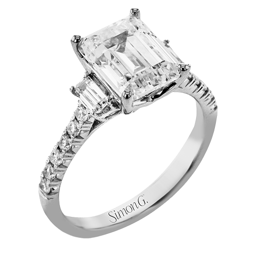 Emerald - cut Three - stone Engagement Ring in 18k Gold with Diamonds - Simon G. Jewelry