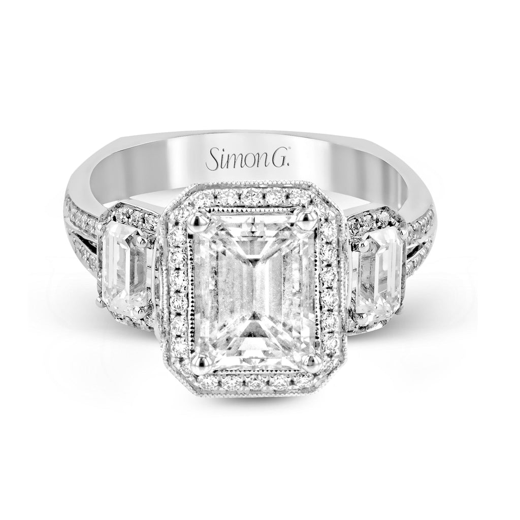 Emerald - Cut Three - Stone Halo Engagement Ring In 18k Gold With Diamonds - Simon G. Jewelry