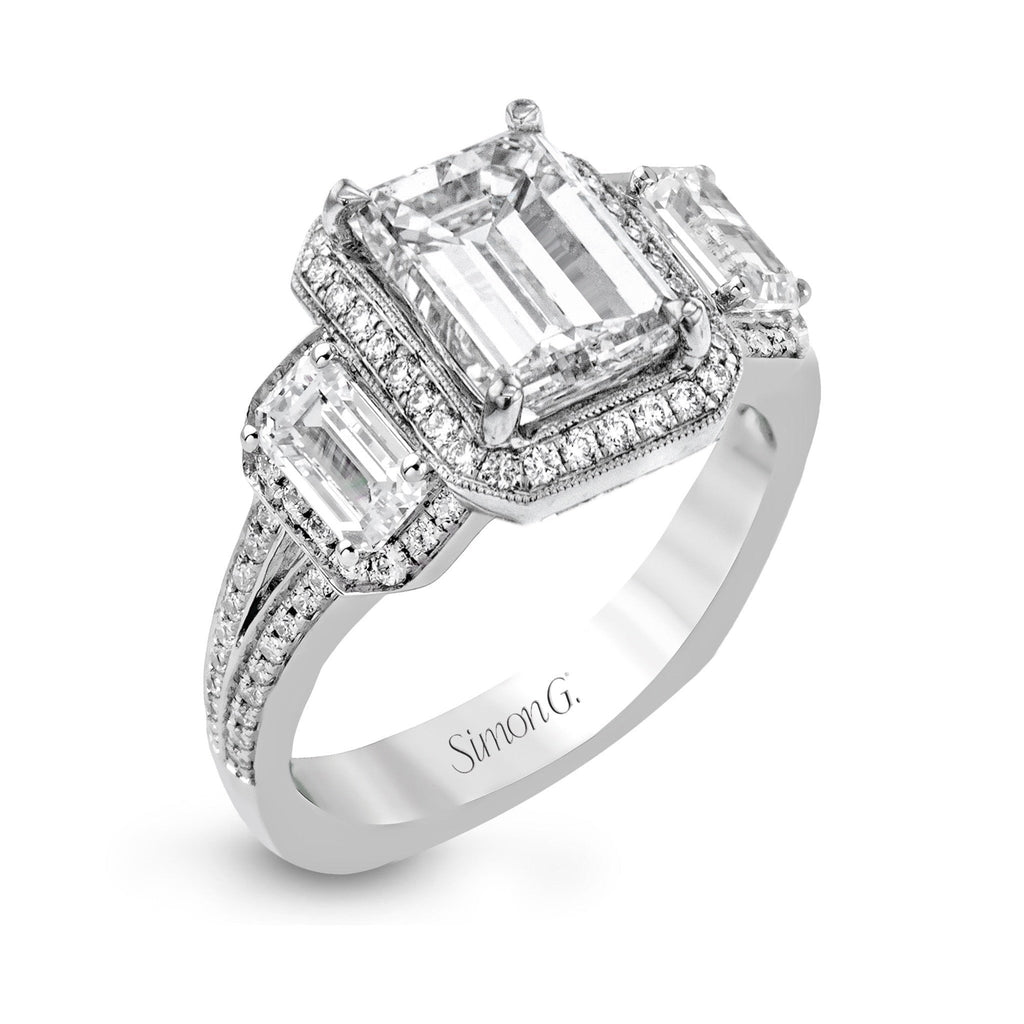 Emerald - Cut Three - Stone Halo Engagement Ring In 18k Gold With Diamonds - Simon G. Jewelry