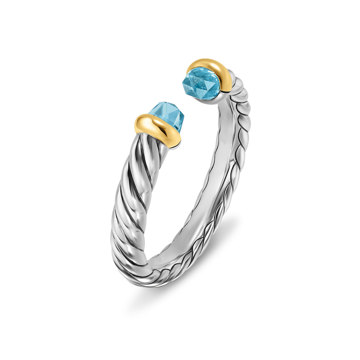 David Yurman Silver and Yellow Gold Petite Cable Blue Topaz Open Ring