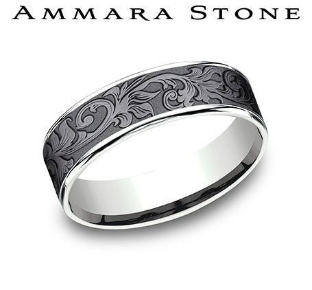 Ammara Stone White Gold and Gray Tantalum Vintage Script Center Wedding Band