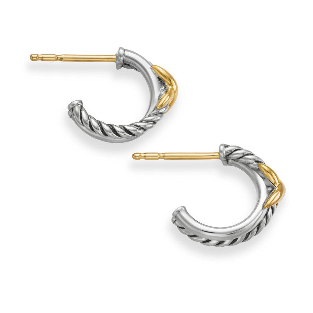 David Yurman Sterling Silver and Yellow Gold Petite X Mini Hoop Earrings