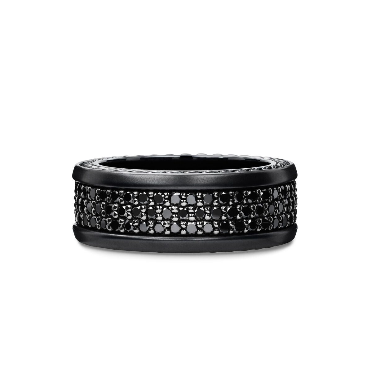 David Yurman Sterling Silver and Black Titanium 3 Row Streamline Pave Black Diamond Band Ring with Black Diamonds