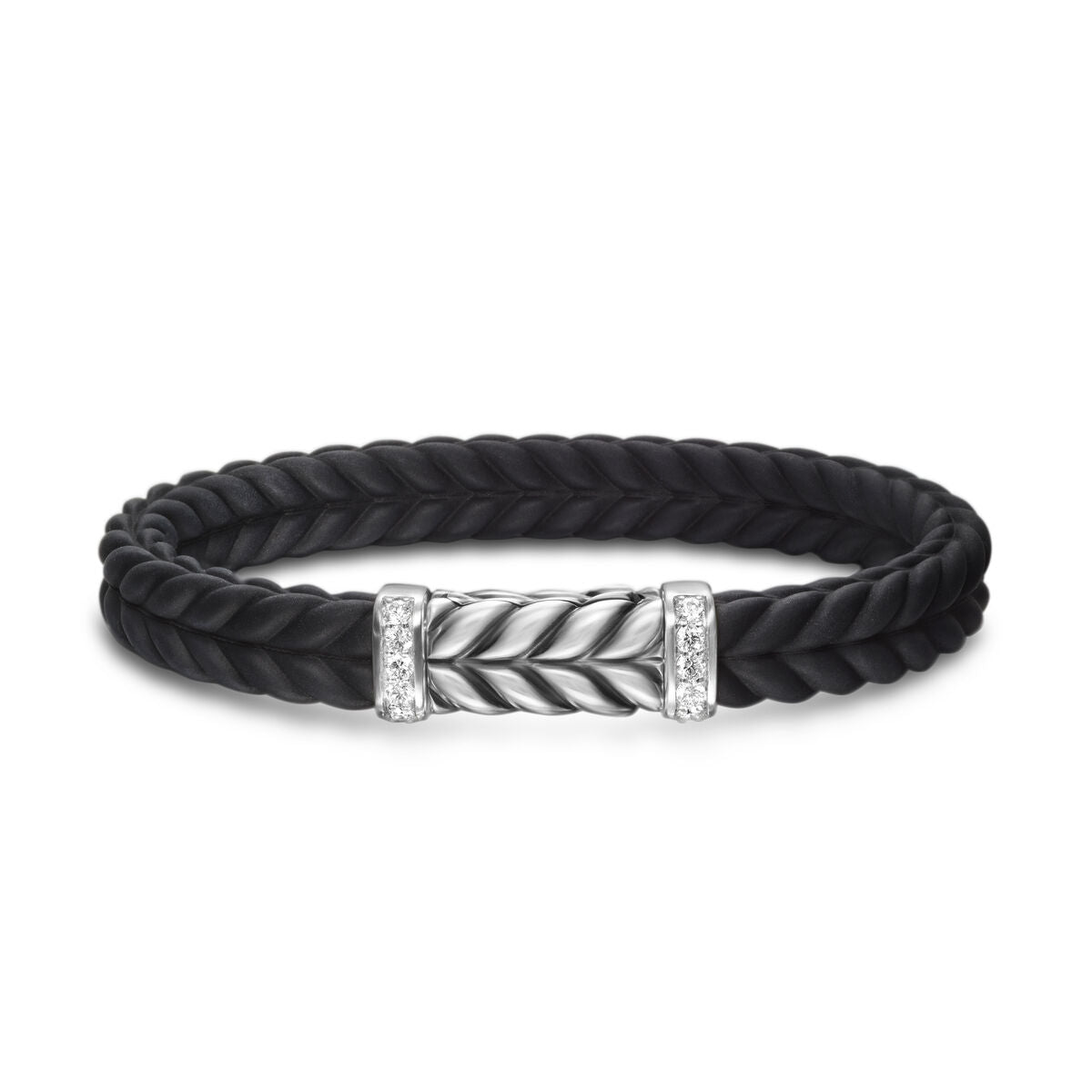 David Yurman Sterling Silver Chevron Black Rubber Link Bracelet with Diamonds