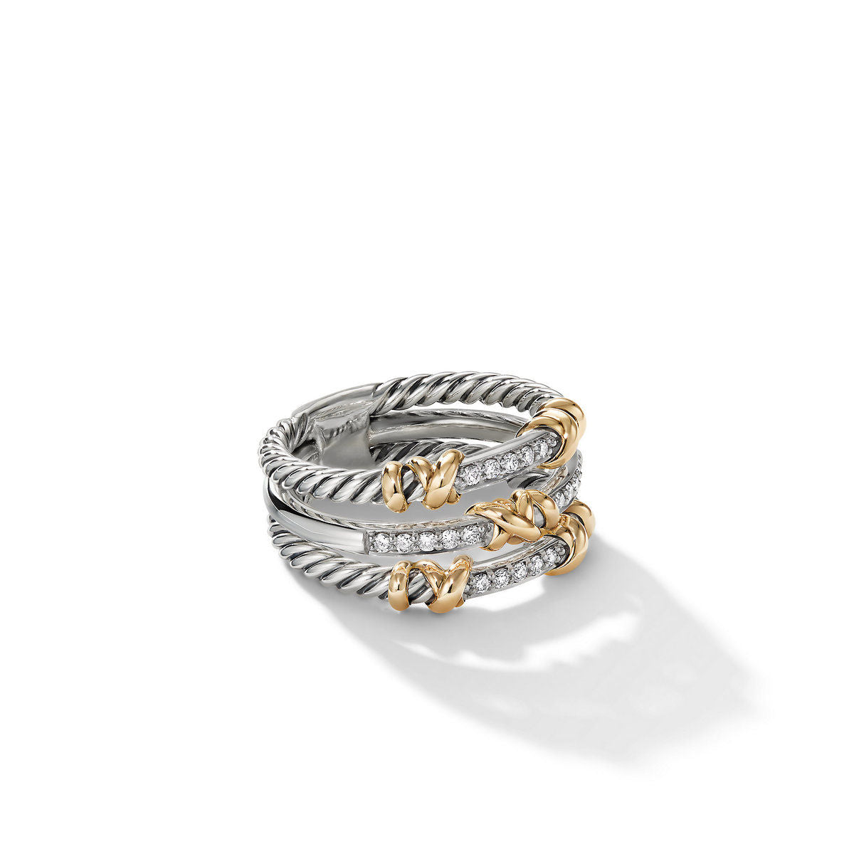 David Yurman Sterling Silver and Yellow Gold 3 Station Petite Helena Ring with Diamonds