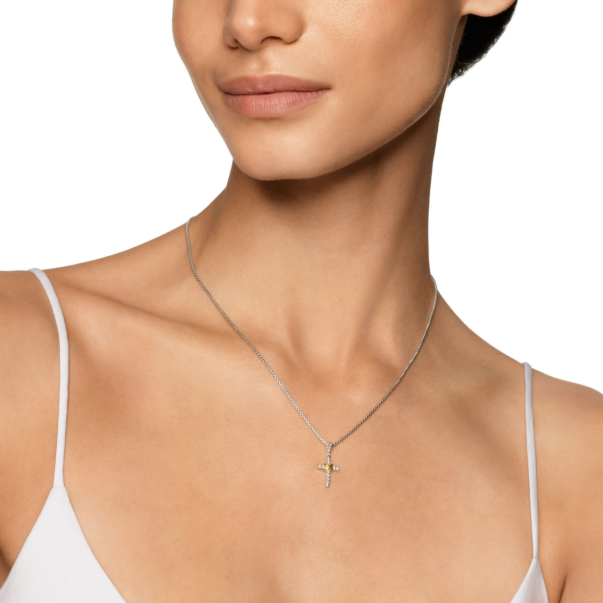 David Yurman Silver and Yellow Gold Petite Cross Charm Necklace