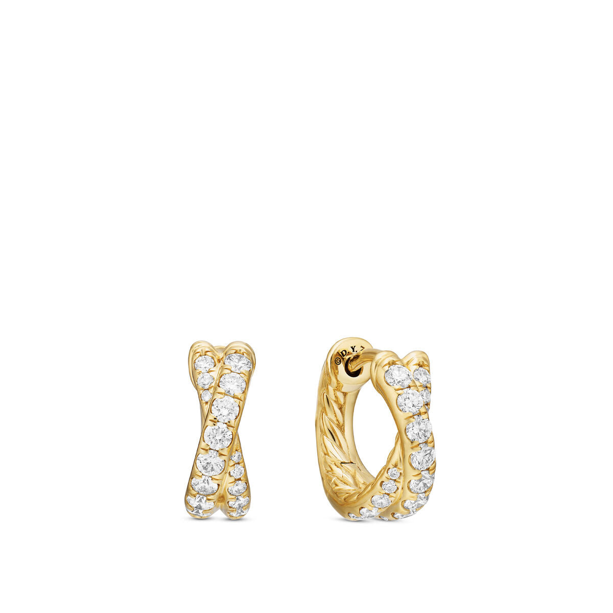 David Yurman Yellow Gold Pave Crossover Hoop Earrings with Diamonds