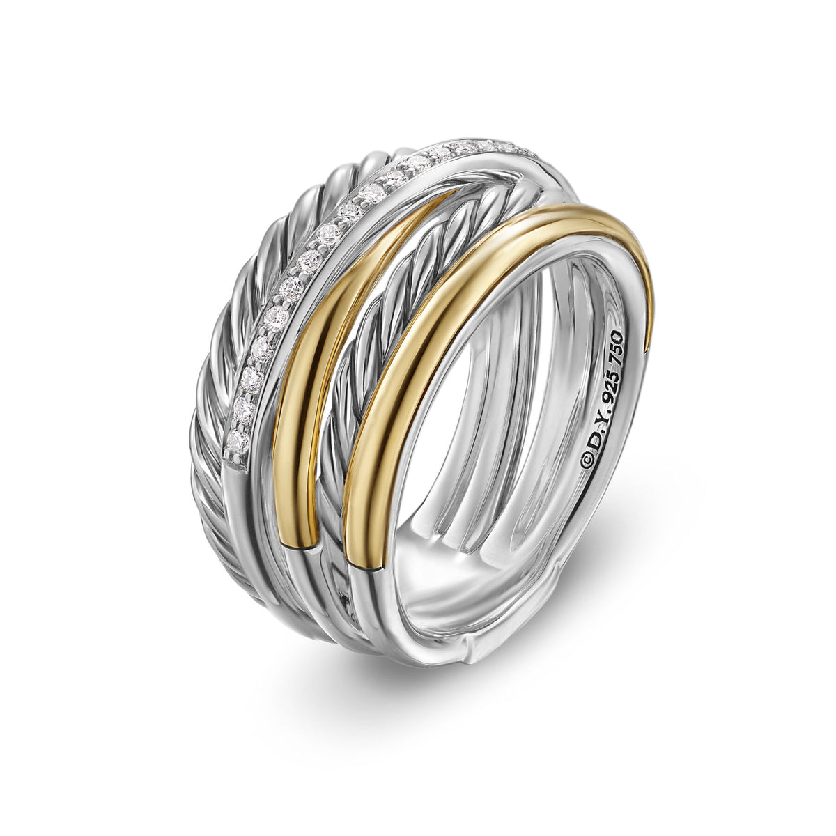 David Yurman Sterling Silver and Yellow Gold Crossover 5-Row Ring with Diamonds