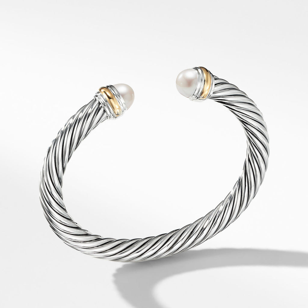 David Yurman Sterling Silver and Yellow Gold Classic Cable Pearl Bracelet
