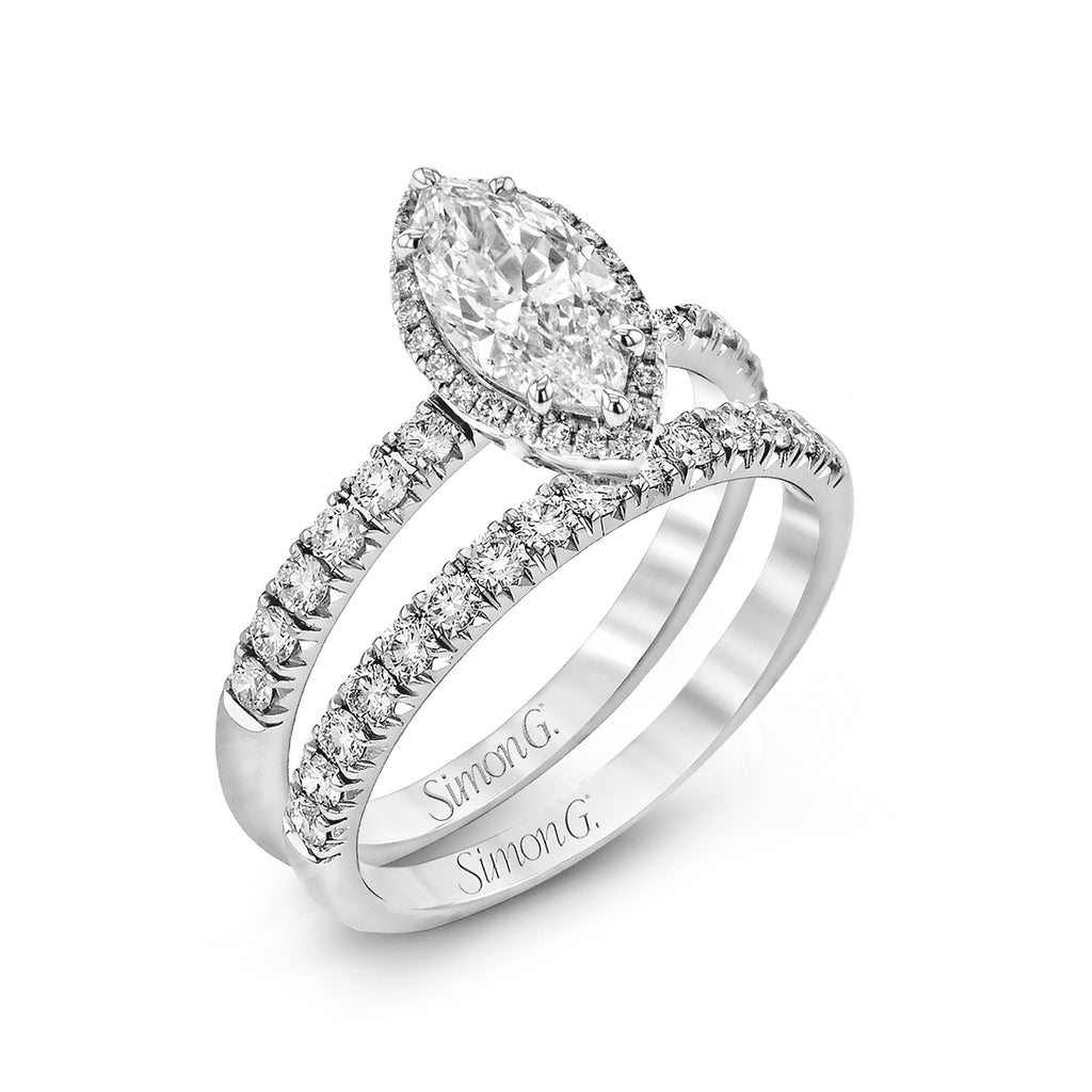 Marquise - cut Halo Engagement Ring & Matching Wedding Band in 18k Gold with Diamonds - Simon G. Jewelry