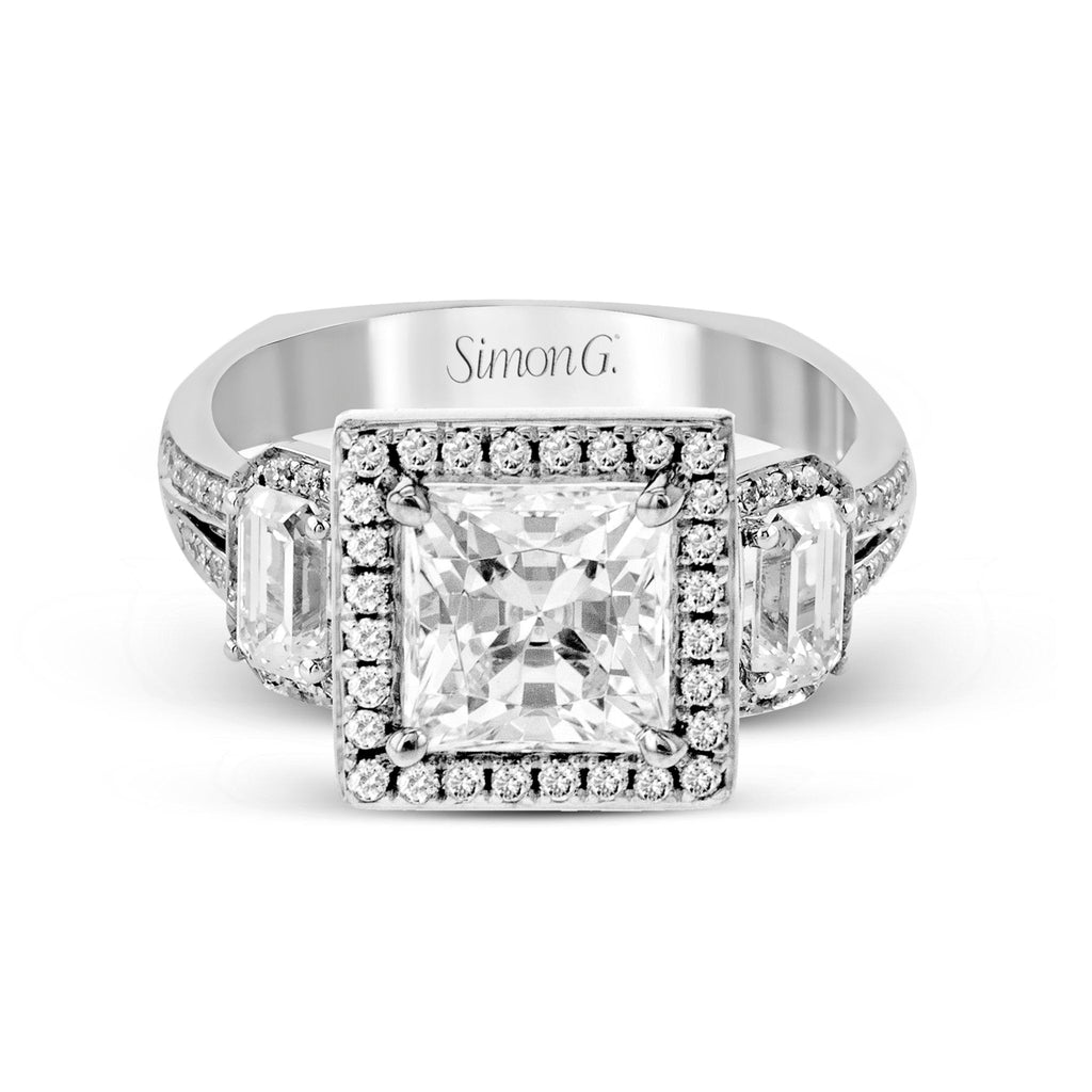 Princess - Cut Three - Stone Halo Engagement Ring In 18k Gold With Diamonds - Simon G. Jewelry