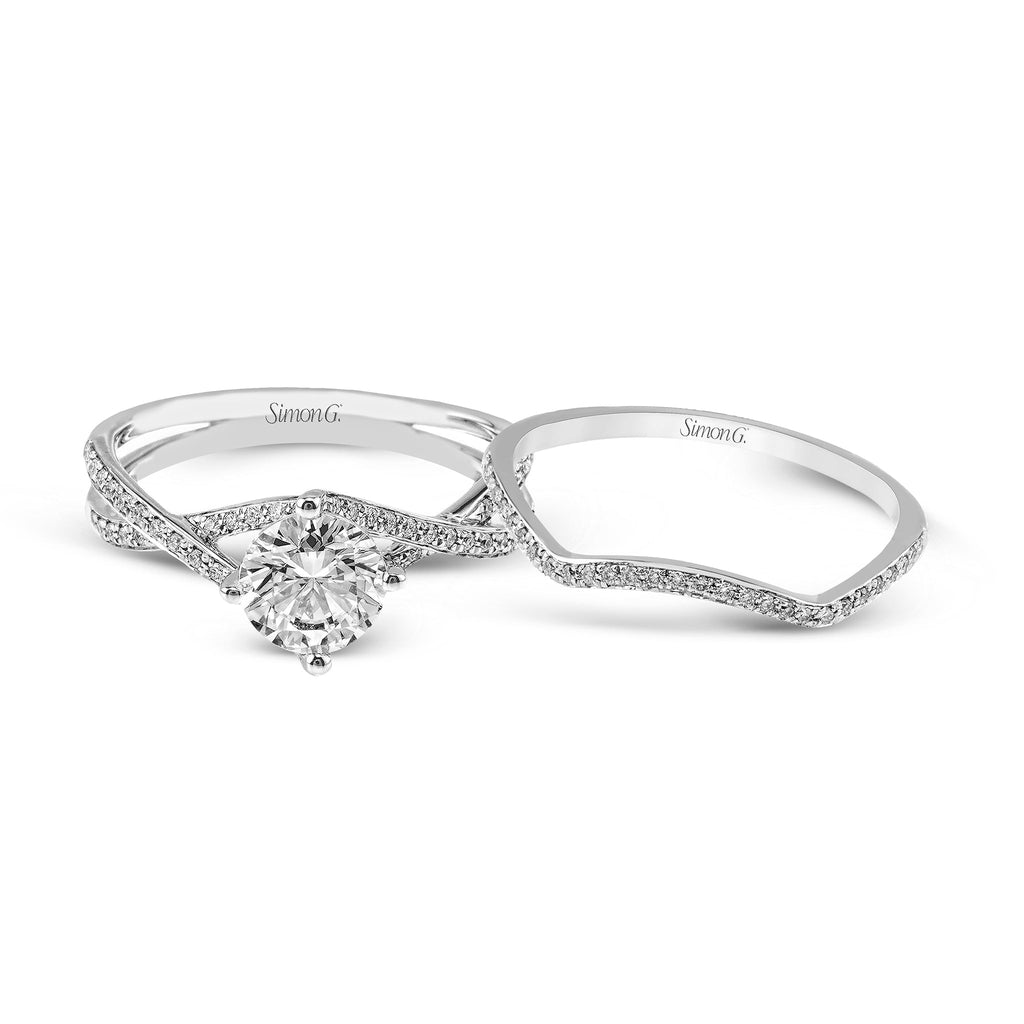 Round - cut Criss - cross Engagement Ring & Matching Wedding Band in 18K Gold with Diamonds - Simon G. Jewelry