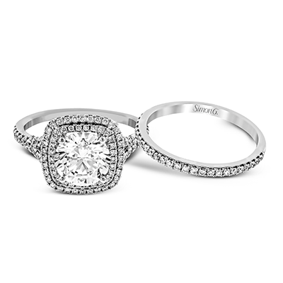 Round - cut Double - Halo Engagement Ring & Matching Wedding Band in 18k Gold with Diamonds - Simon G. Jewelry